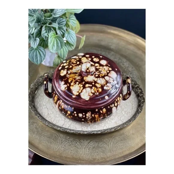 Vintage 70s Handcrafted Bean Pot With Lid Brown Tan Retro Decor Serveware - Picture 2 of 7